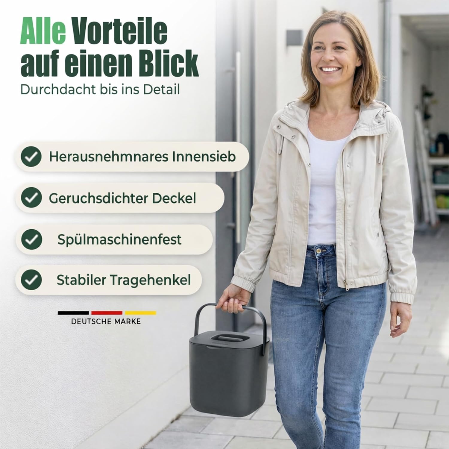 Detalle de YourCasa Biomülleimer Küche 7L mit herausnehmbarem Sieb & Deckel (geruchsdicht, spülmaschinenfest) – Anthrazit