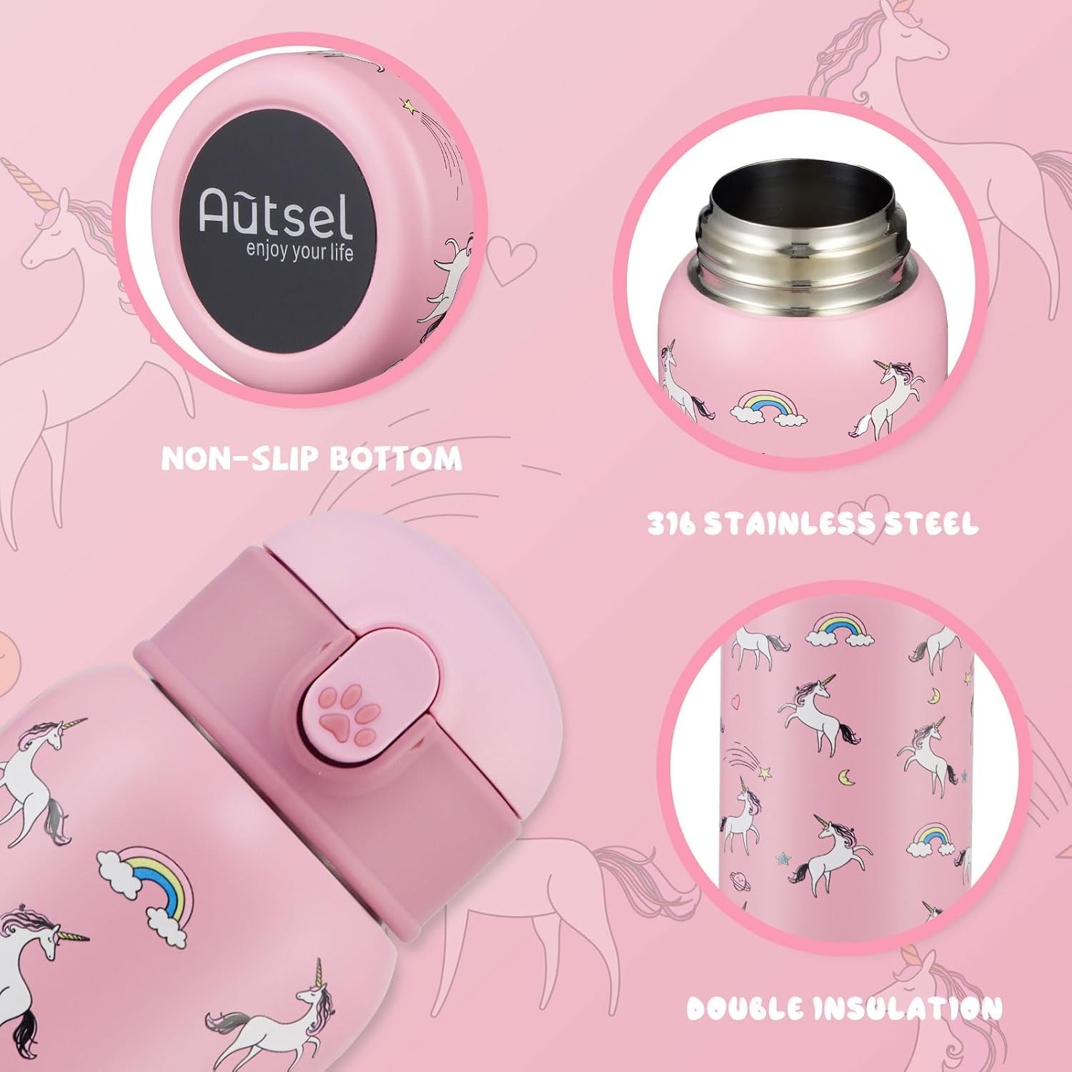 Detalle de Autsel 500ml Borraccia Bambini con cannuccia: borraccia in acciaio inox con doppia parete e silicone