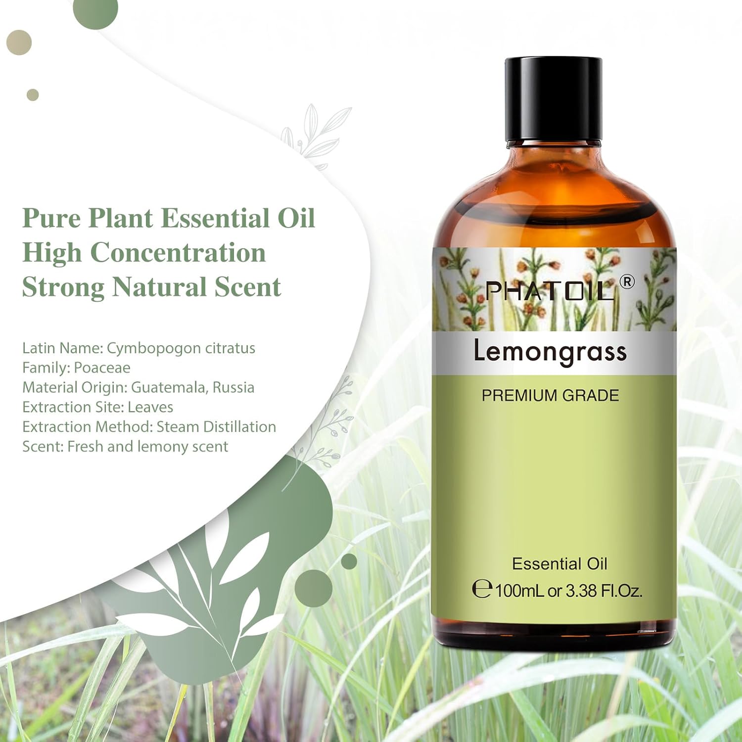 Detalle 2 de PHATOIL Lemongrass Essential Oil 100 ml for aromatherapy 🕯