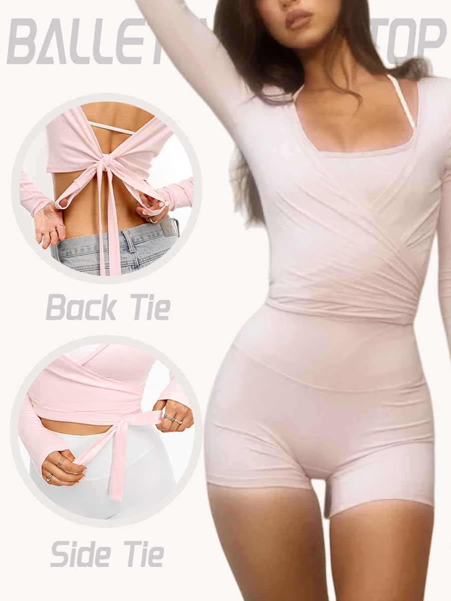Detalle de Danysu V-Neck Ballet Wrap Top for Women, Long Sleeve Criss-Cross Tie