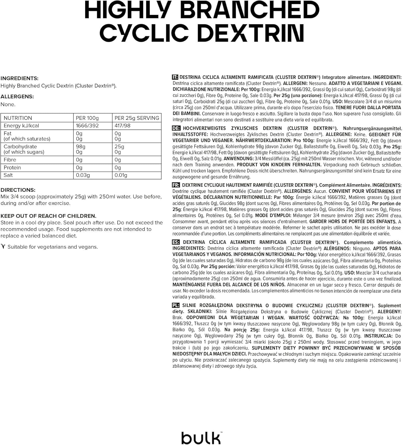 Detalle 2 de Cluster Dextrin hautement ramifiée (Bulk Dextrine cyclique) 500 g – 20 portions