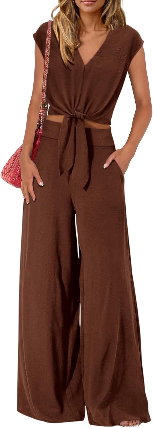 Thumbnail 4 de PrettyGarden Women's Summer 2-Piece Set Cap Sleeve Crop Tops & Wide Leg Pants