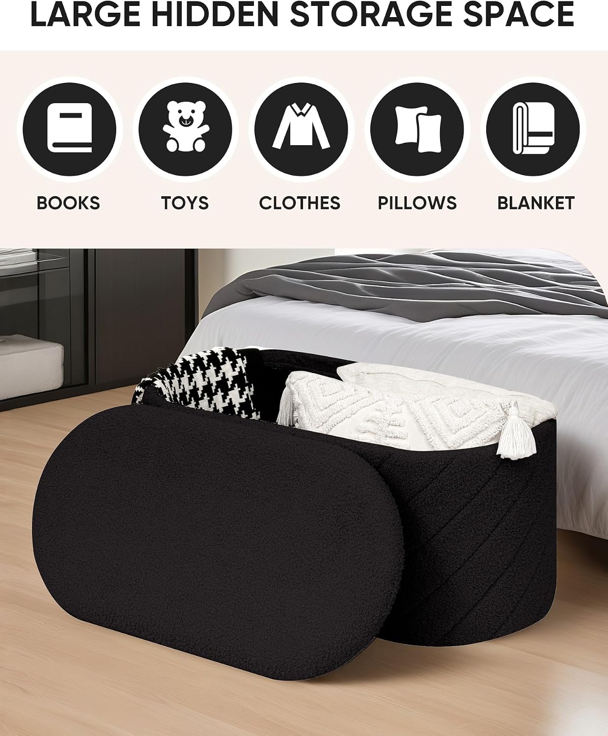 Thumbnail 2 de Bonlife Oval Ottoman with Storage Bench (Boucle) – Black, 76x38x38cm