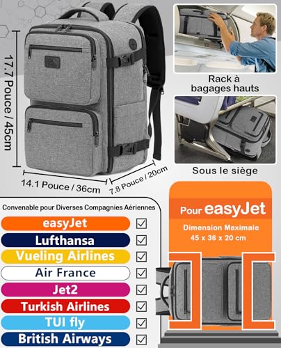 Detalle de LYNXCHER Sac à Dos Voyage Cabine 45x36x20 cm – 30 L, pour EasyJet, 15,6