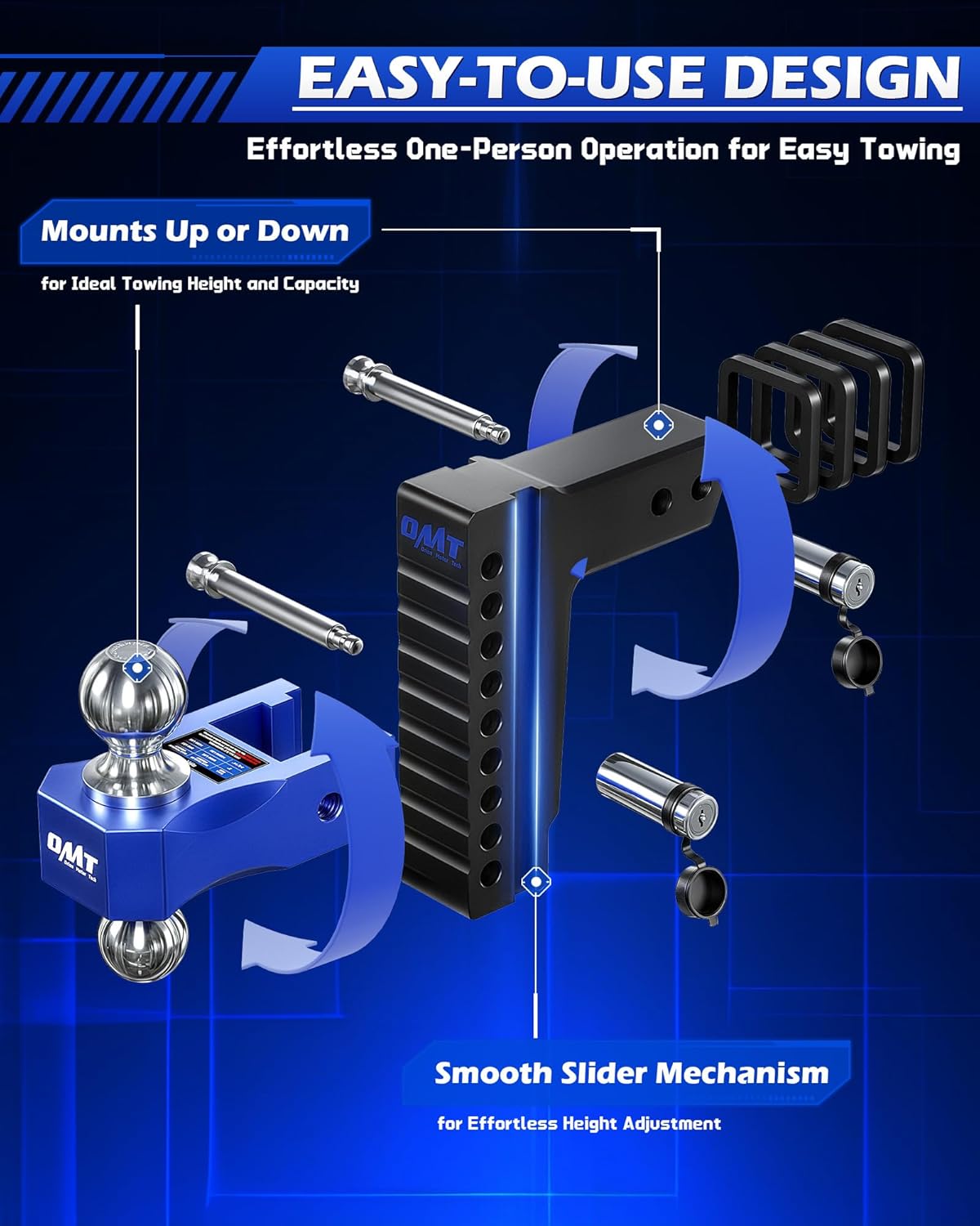 Thumbnail 5 de Orion Motor Tech Adjustable Trailer Hitch (2.5 in receiver, 8 in drop/rise) Class 5 Tow Hitch Ball Mount