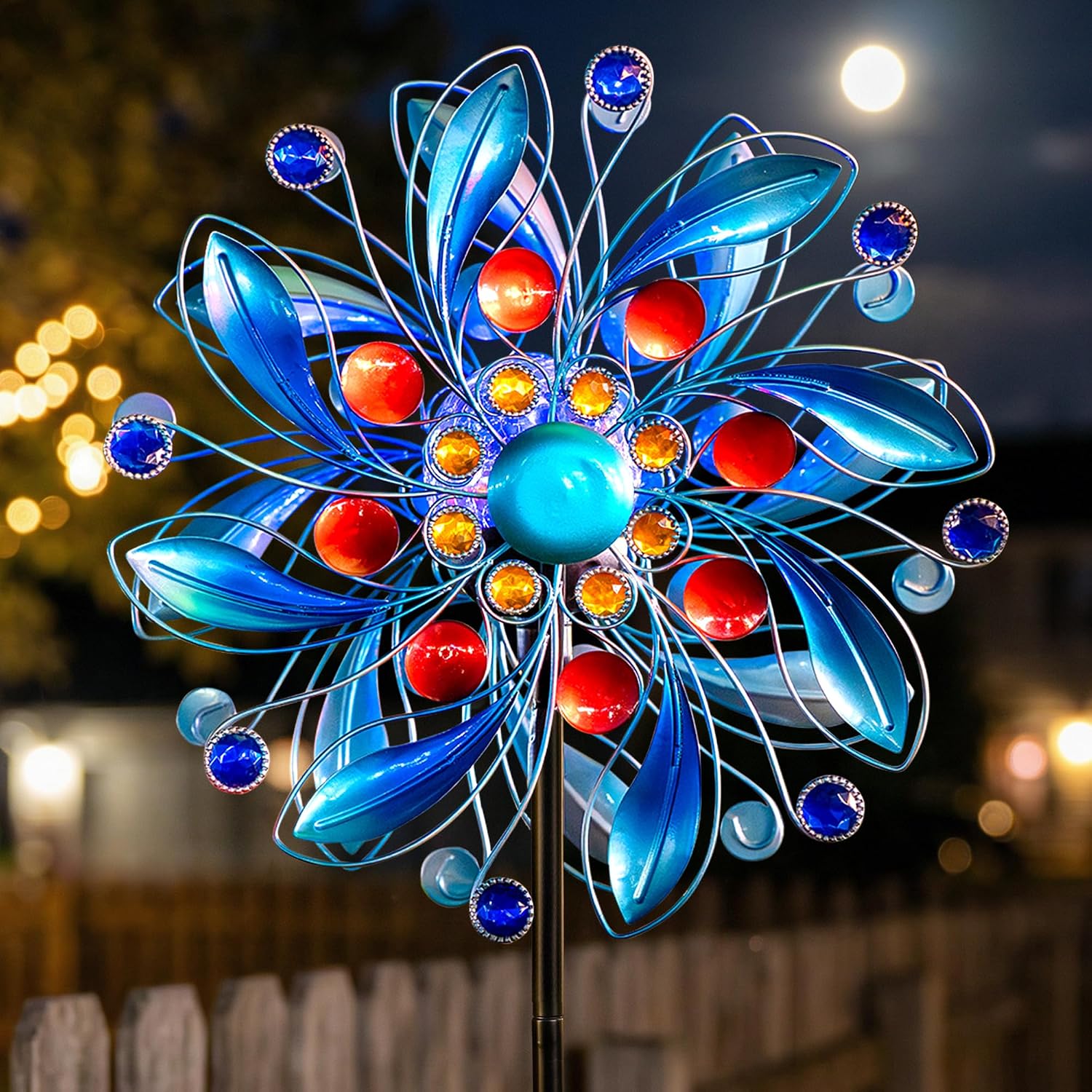 Detalle de MXwcy LT00217S1 Solar Wind Spinner, Blue Floral Metal Decor with Solar Light