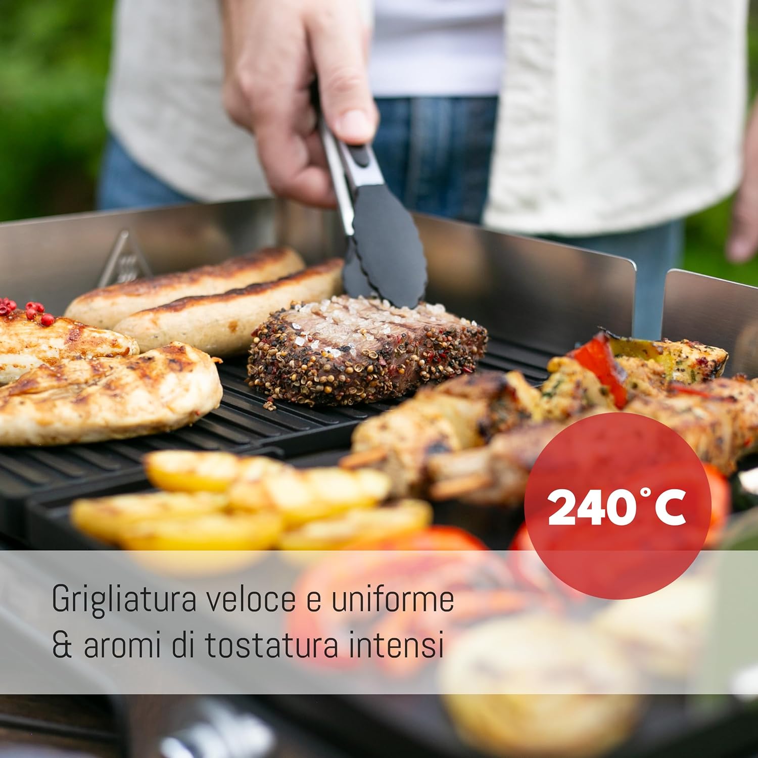 Detalle de LEBENLANG griglia elettrica XXL 2400W con pinze e paraspruzzi (uso interno ed esterno)