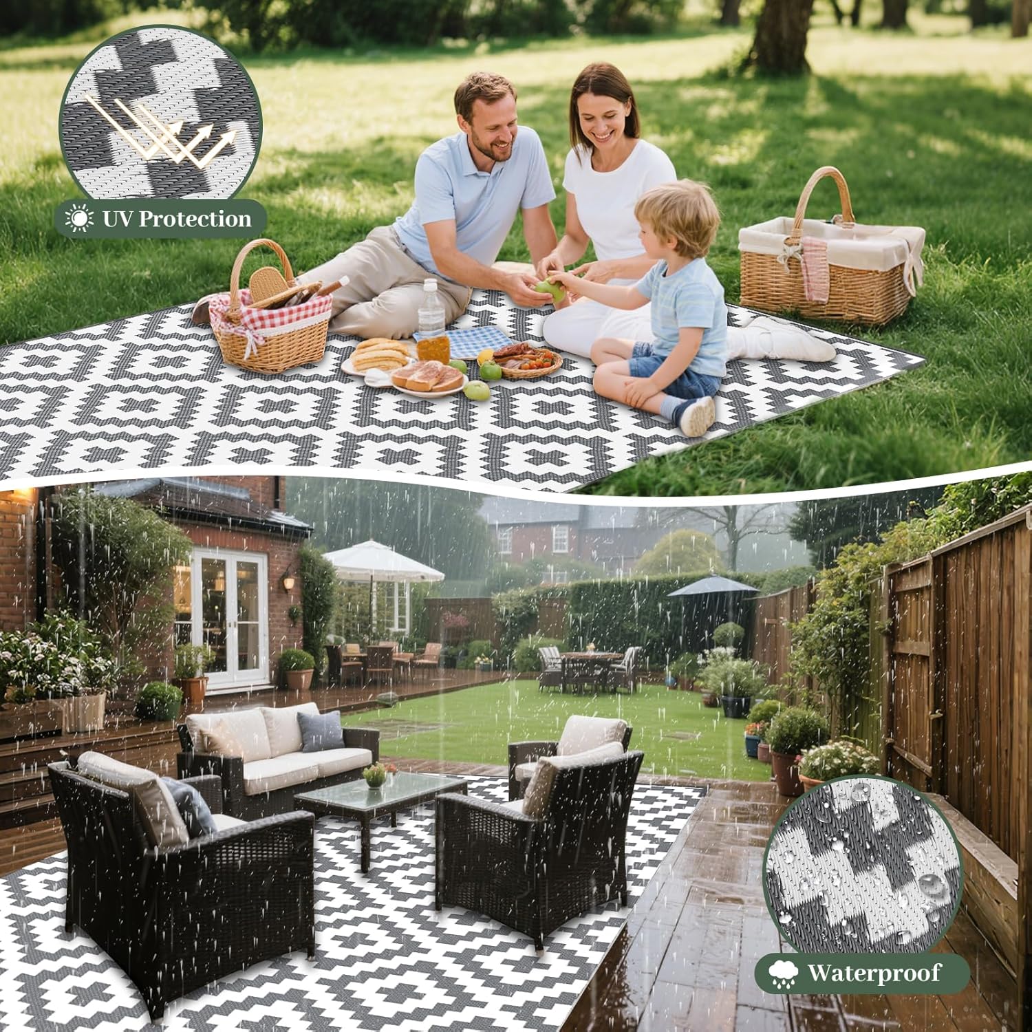 Detalle de MOKANI Outdoor Rug for Patios Waterproof (150x240cm) – Anti-Slip, UV-Resistant Geometric Mat