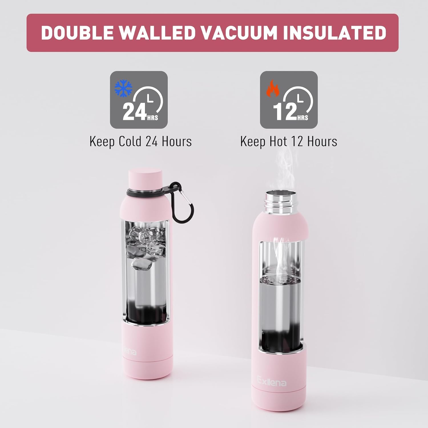 Thumbnail 2 de Exllena 750ml Insulated Water Bottle with Clip (Pink) – Double Wall Stainless Steel
