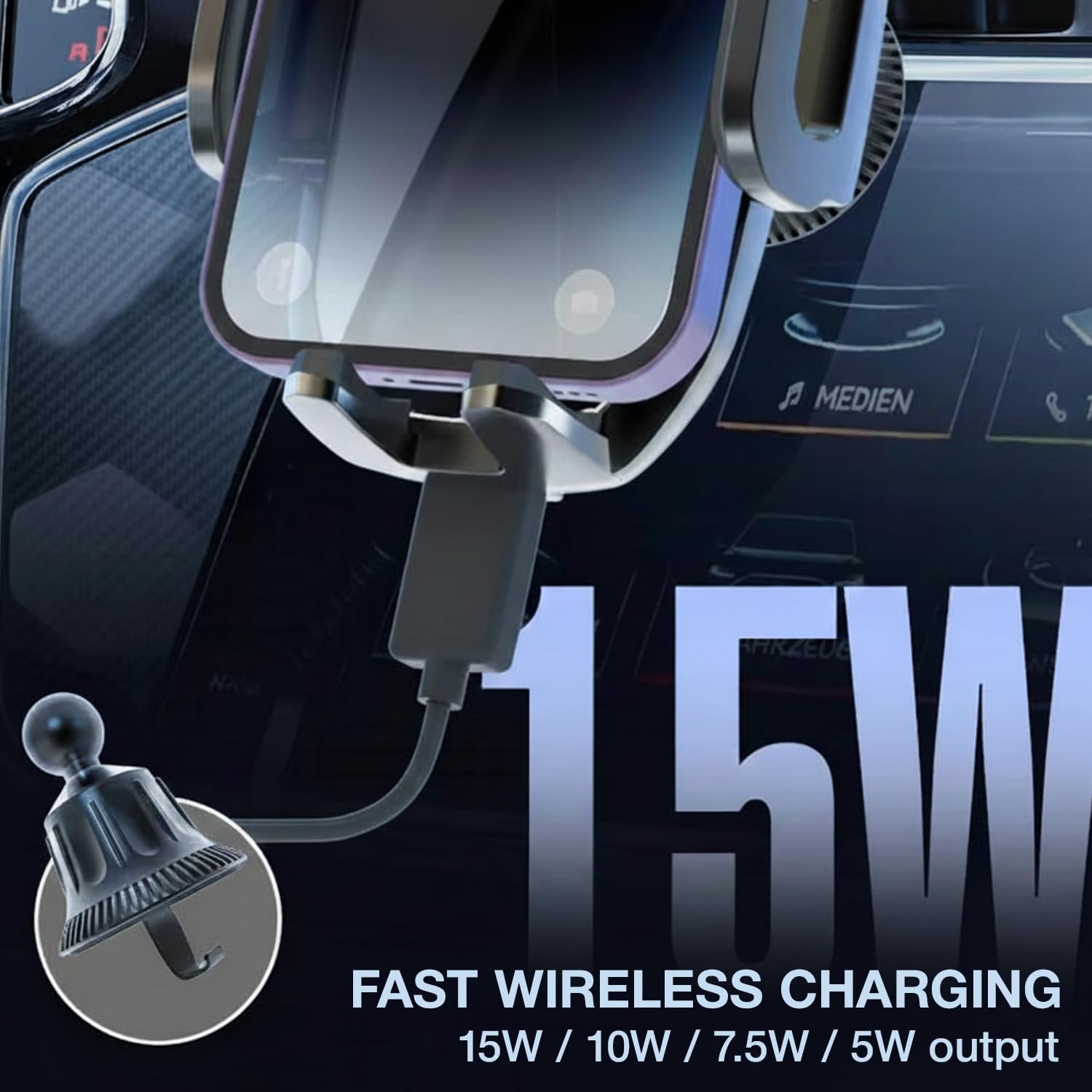 Thumbnail 6 de Wireless Car Charger Dashboard & Air Vent Auto-Clamping Phone Holder with 360° Adjustable Angle for iPhone and Galaxy