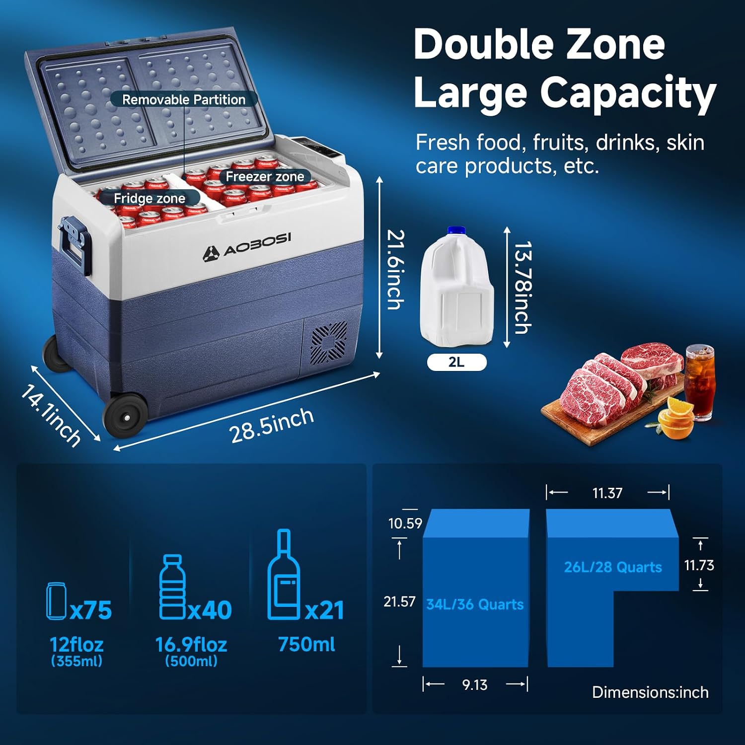 Thumbnail 1 de AAOBOSI 60L Car Fridge Freezer with App Control – Dual Zone Portable Cooler for 12/24V DC & 100-240V AC