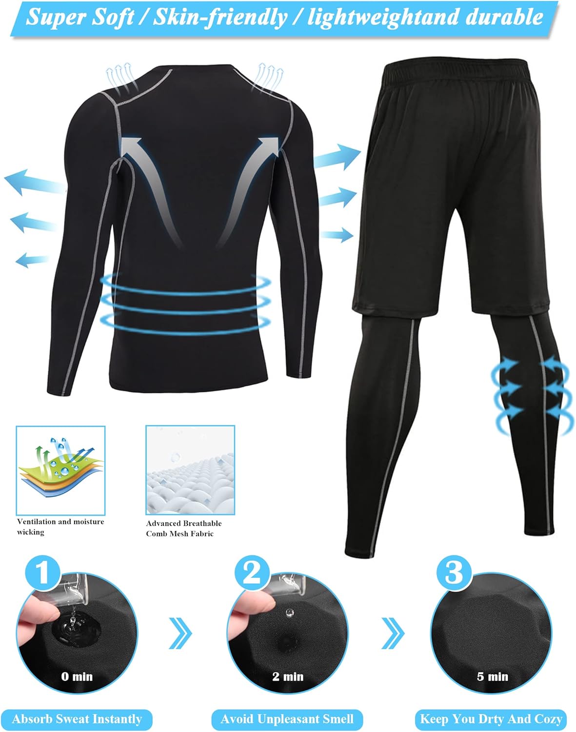 Thumbnail 3 de Terecey Ensemble Compression Homme 3 Pièces – T-Shirt à Manches Longues, Legging et Short pour Running et Musculation