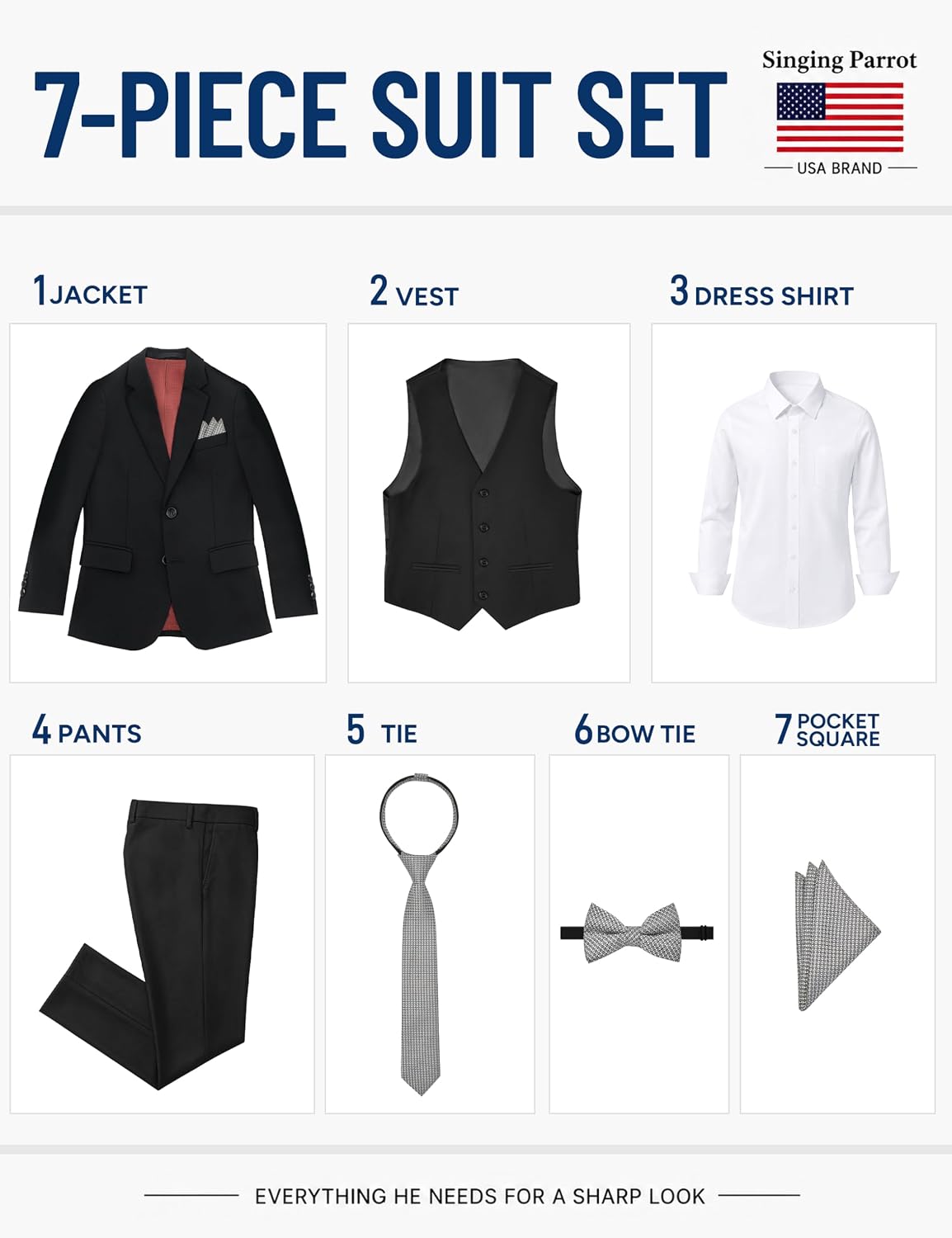 Detalle 2 de Singing Parrot Boys’ 7-Piece Formal Suit Set, Regular and Husky Fits