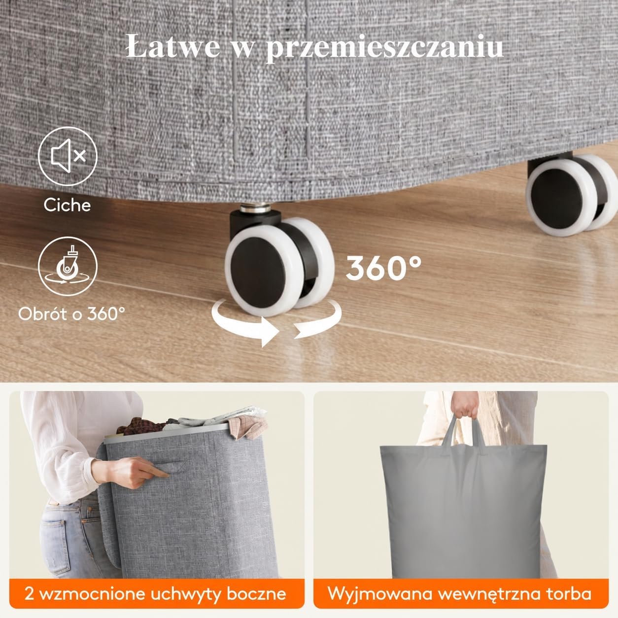Detalle 2 de Lifewit 24599 – kosz na pranie 105 l z pokrywą i kółkami, jasnoszary
