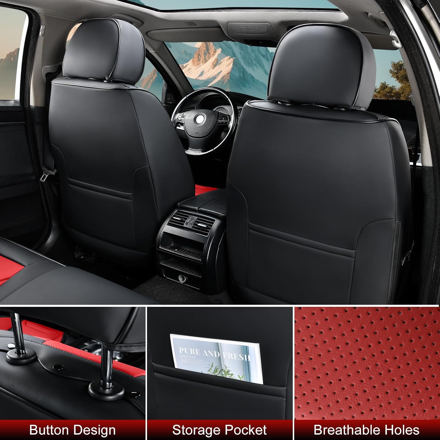 Thumbnail 2 de TIEHESYT Car Seat Covers Full Set (Black & Red) with Removable Headrest Support