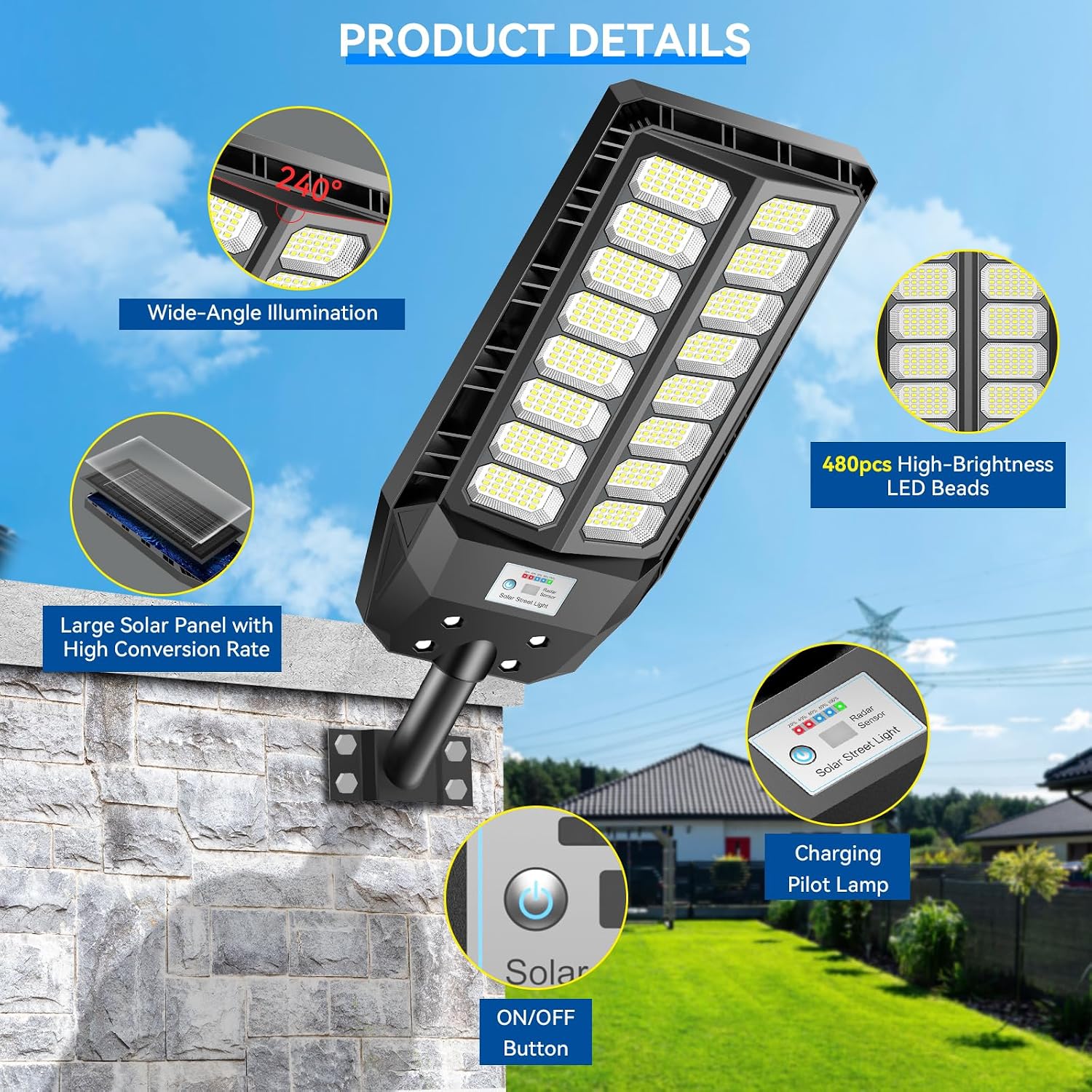 Detalle 2 de Adewalk 3000W Farola Solar Exterior con Mando y Sensor