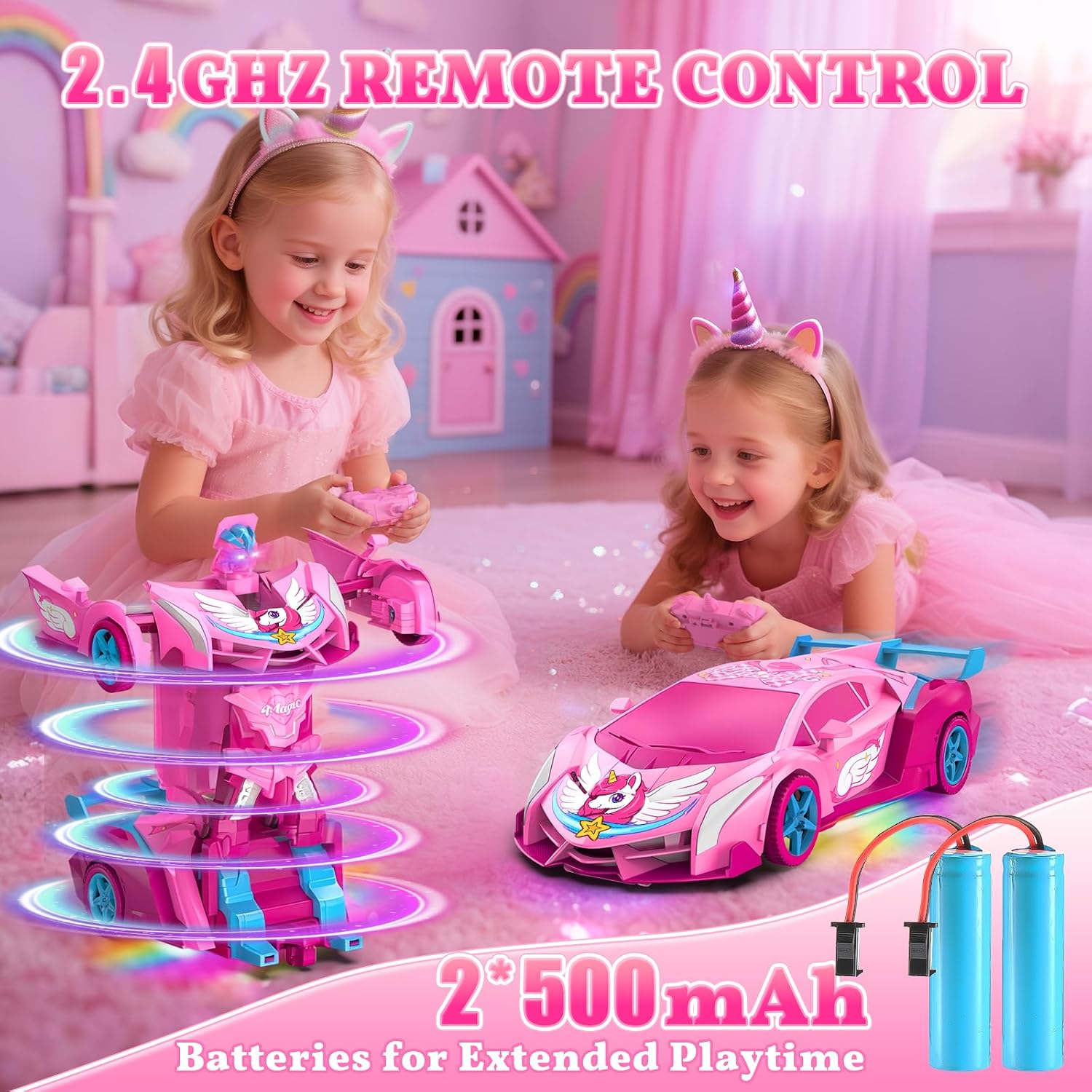 Detalle de Unicorn Transform RC Cars for Girls Toys with Rainbow Eyes & Underbody Lights