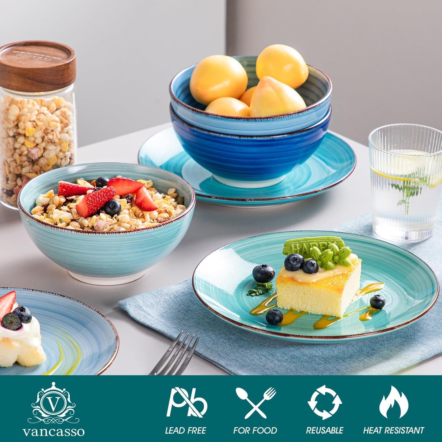 Thumbnail 3 de Vancasso Bonita stoneware dinnerware set (24 pieces) for 6 — hand-painted spiral design in blue