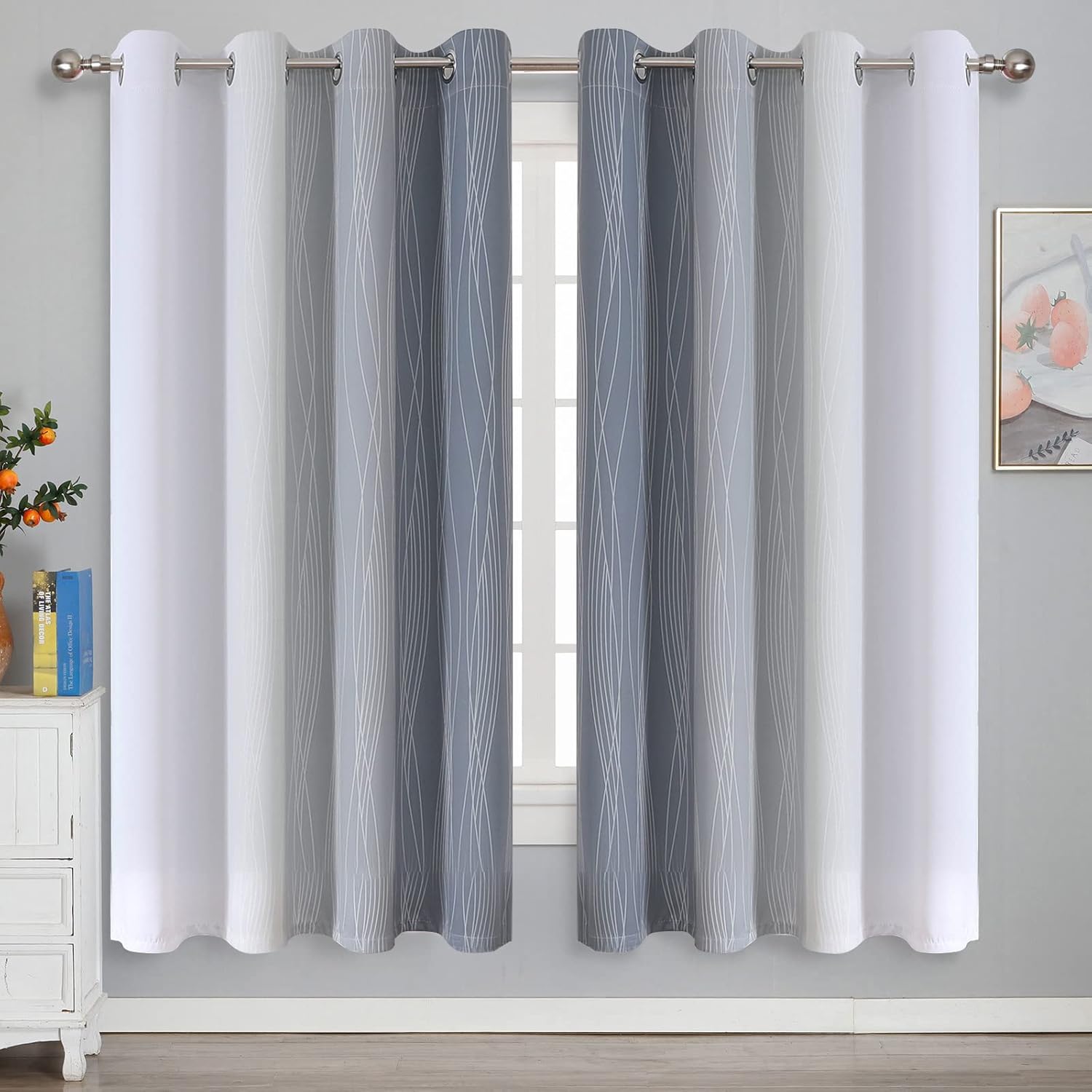 Thumbnail 1 de VEHEDE Ombre Blackout Curtains for Kids Bedroom – 2 Panels, 72 Inch Drop, W52 x L72, Grey and Greyish White (Thermal Insulated)