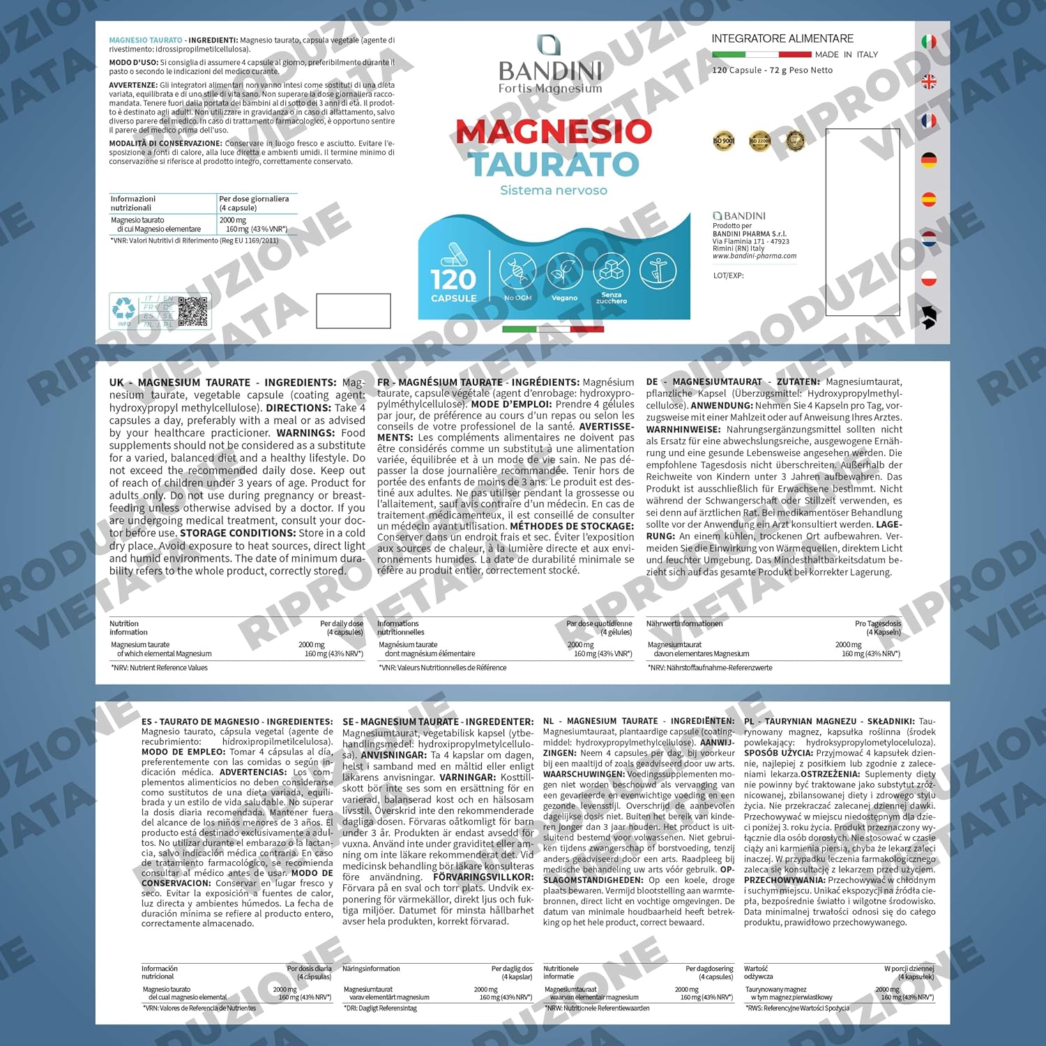 Detalle de Bandini Magnesiumtauraat 2.000 mg, 120 vegan capsules, 160 mg elementair magnesium