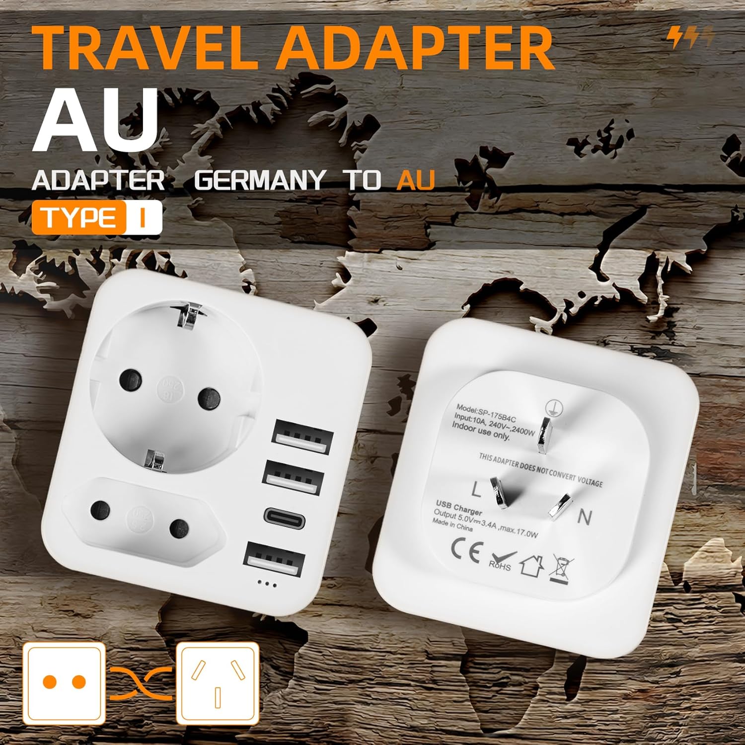 Thumbnail 1 de Adattatore di viaggio Australia Cina Italia 6-in-1 con 2 prese CA, 1 USB-C e 3 USB-A