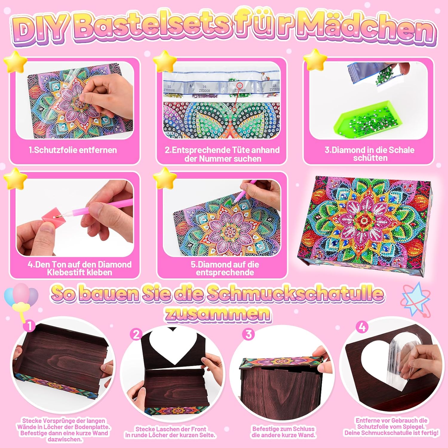 Thumbnail 6 de Flnlano Diamond Painting Schmuckkästchen Herz – Bastelset für Mädchen ab 6 Jahren