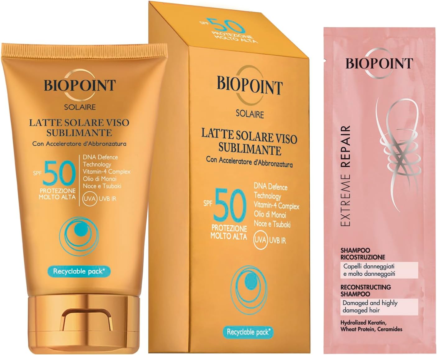 Detalle de Biopoint Solaire Latte Solare Viso Sublimante SPF 50 con Acceleratore d'Abbronzatura e Campioncino Shampoo Extreme Repair 10ml