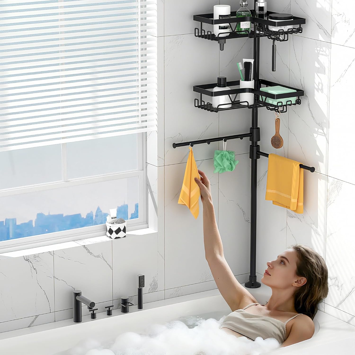 Detalle de DAOYA BSC089-DY-us Tension Pole Shower Caddy with 4 Baskets and 2 Towel Bars