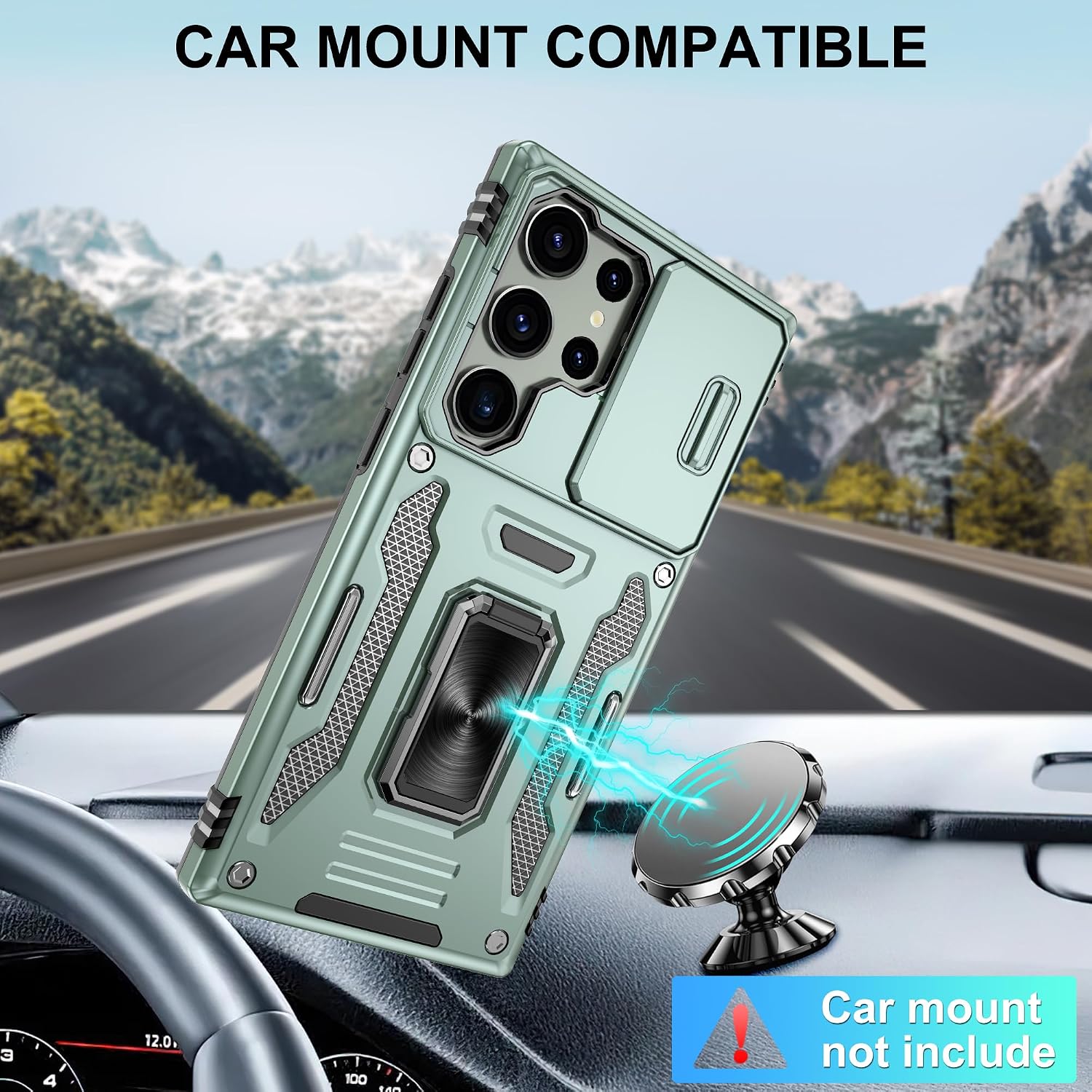 Detalle 2 de Jshru Military-Grade Shockproof Case for Samsung Galaxy S23 Ultra with Slide Camera Cover & 360° Ring Kickstand (Alpine Green)
