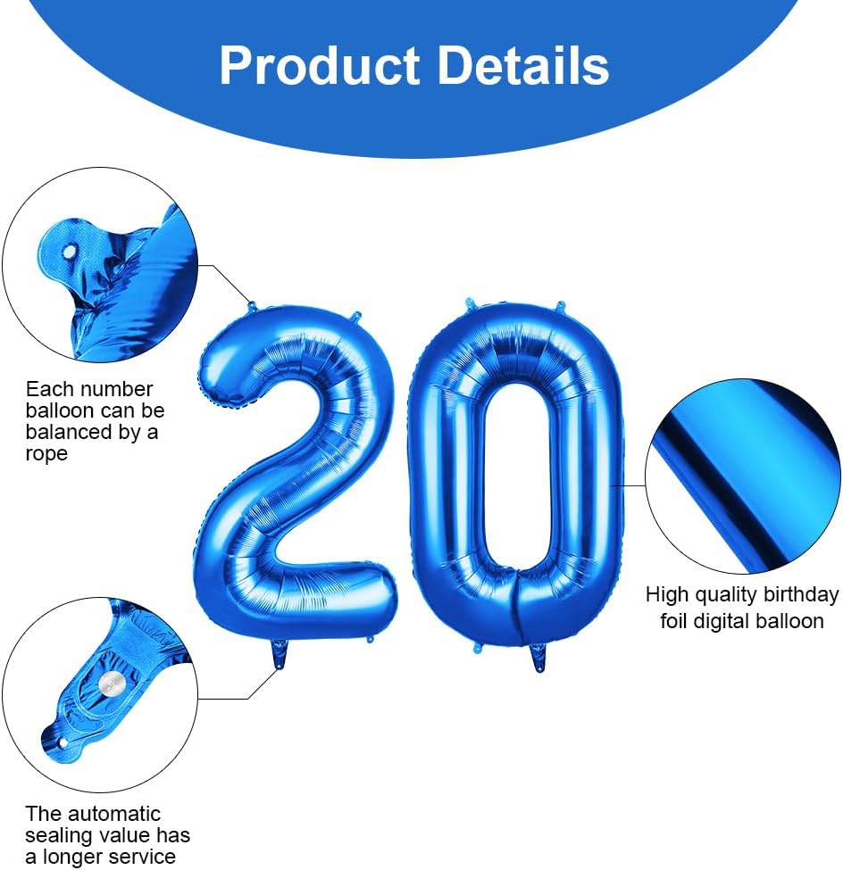 Thumbnail 2 de OFFCUP 40 Inch Number 20 Balloon – Large Foil Balloons, Self-Inflating, 2-Pack (Blue)