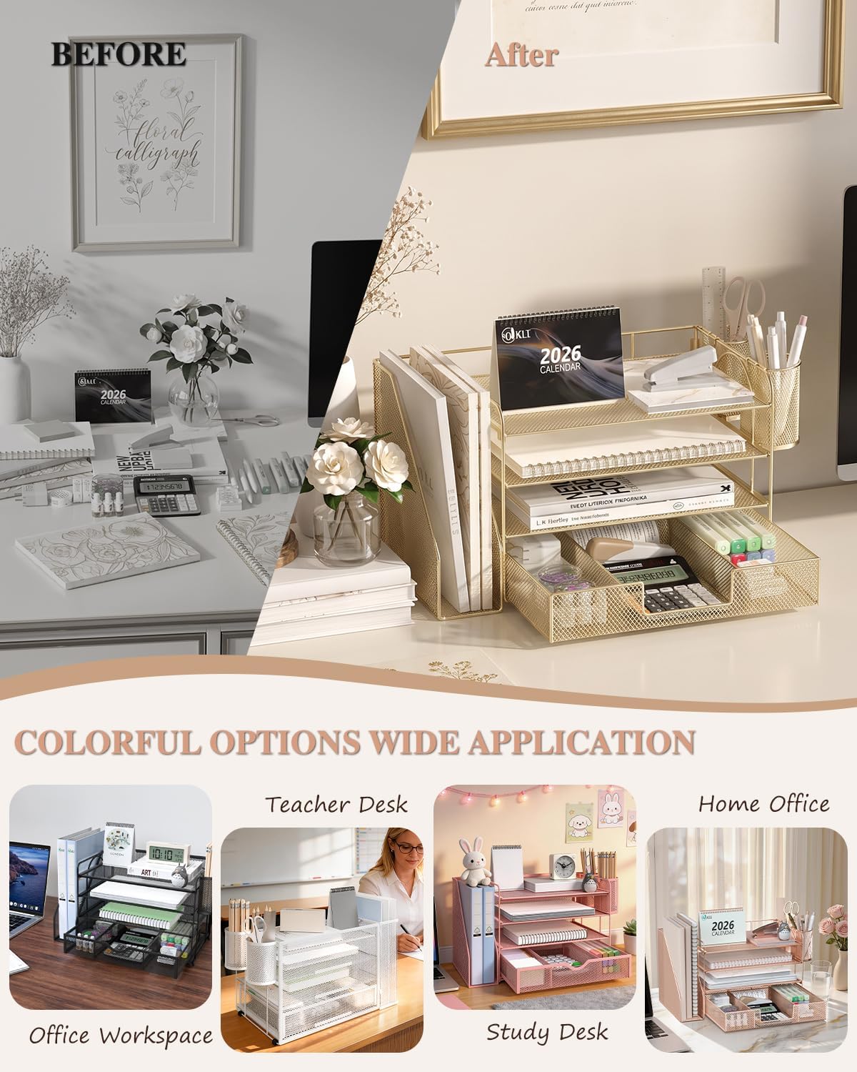 Detalle 2 de WALI DO005DH-G Desktop File Organizer, 4-Tier Metal Letter Trays, Gold
