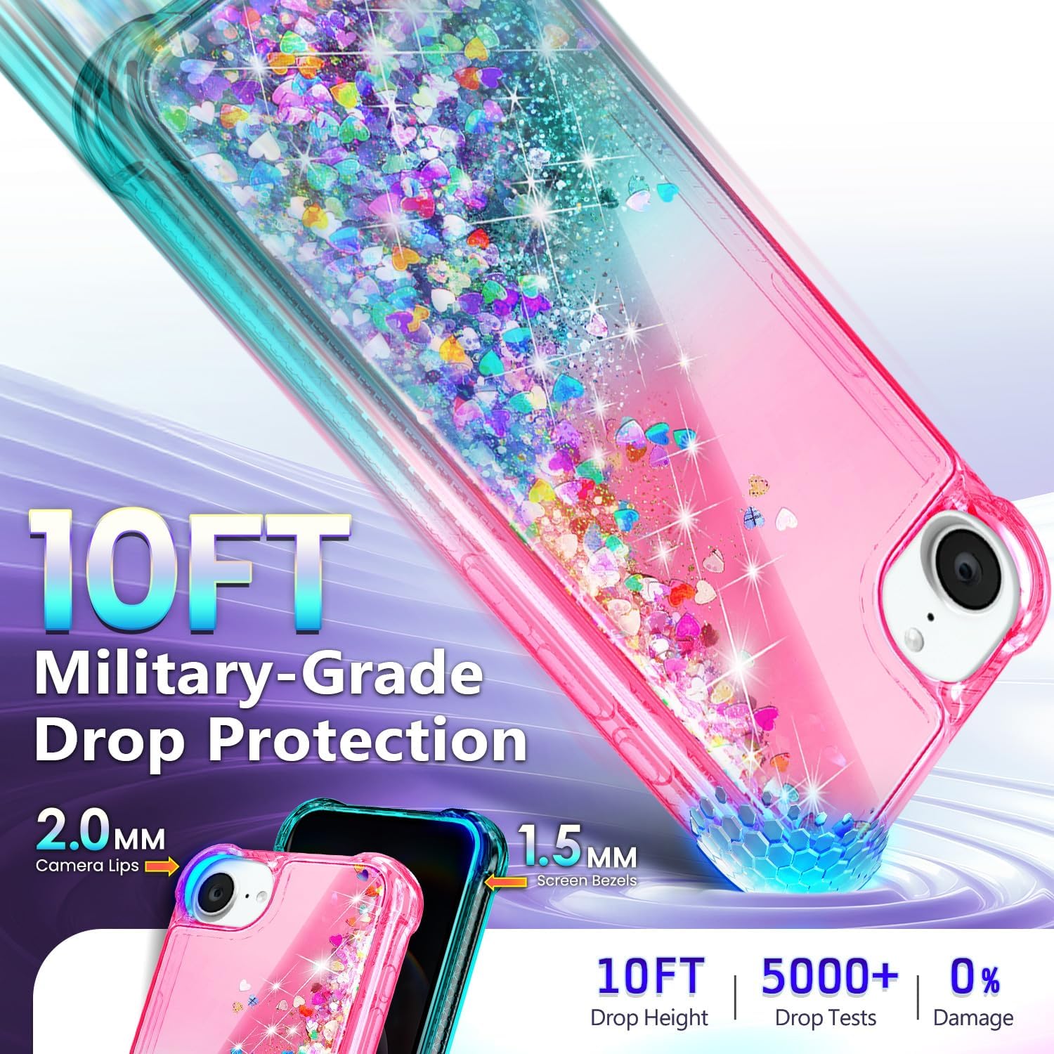 Thumbnail 4 de NGB Glitter Liquid Case for iPhone 16e & 17e (6.1") with Screen Protector, Ring Holder, and Wrist Strap — Pink/Aqua