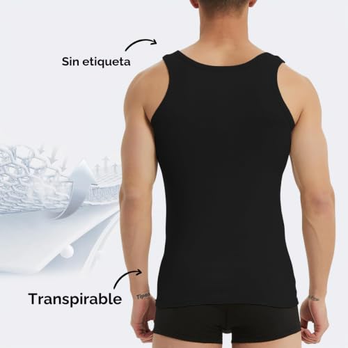 Detalle de YouShow Camiseta interior para hombre sin mangas acanalada 100% algodón (paquete 3/5) – cómodo esencial sin etiqueta
