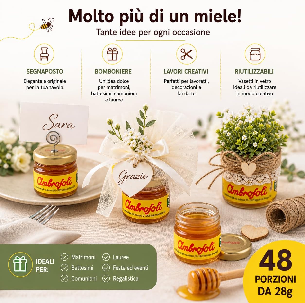 Detalle de Ambrosoli 48 Porzioni Miele di Fiori 28g – Miele Monodose Pratico per Casa, Ufficio e Colazione