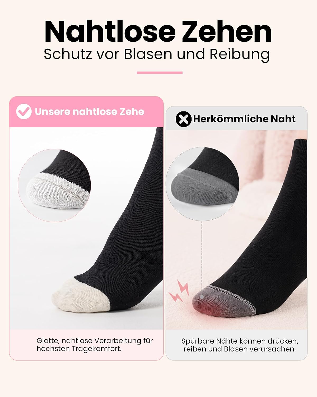 Detalle 2 de SockWaddles tunna långa damsockor i bomull – sömlös tå och förstärkt häl