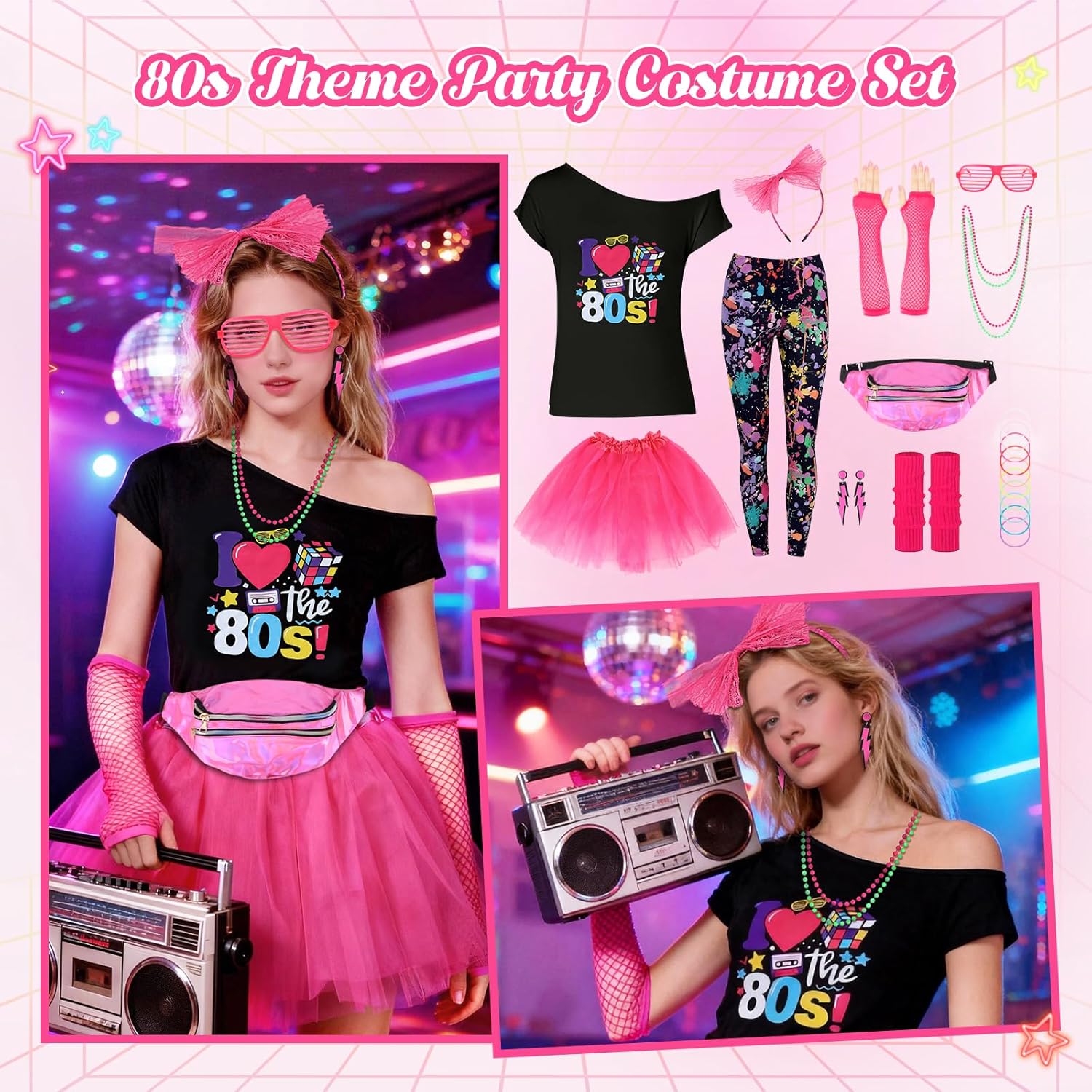 Thumbnail 3 de HuiJuKeJi 80er Jahre Outfit Damen Set mit Neon-Accessoires (24-teilig)