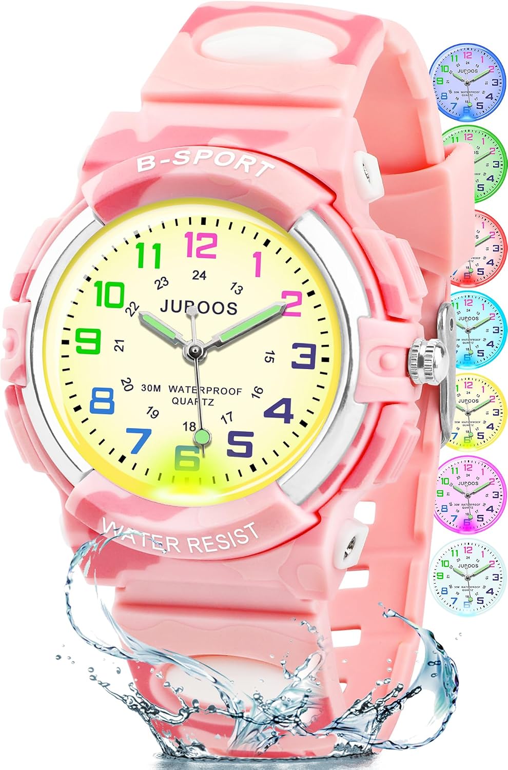 Thumbnail 6 de Juboos Montre analogique pour Enfants avec 7 veilleuses et bracelet souple – Quartz, étanche 30M, Rose