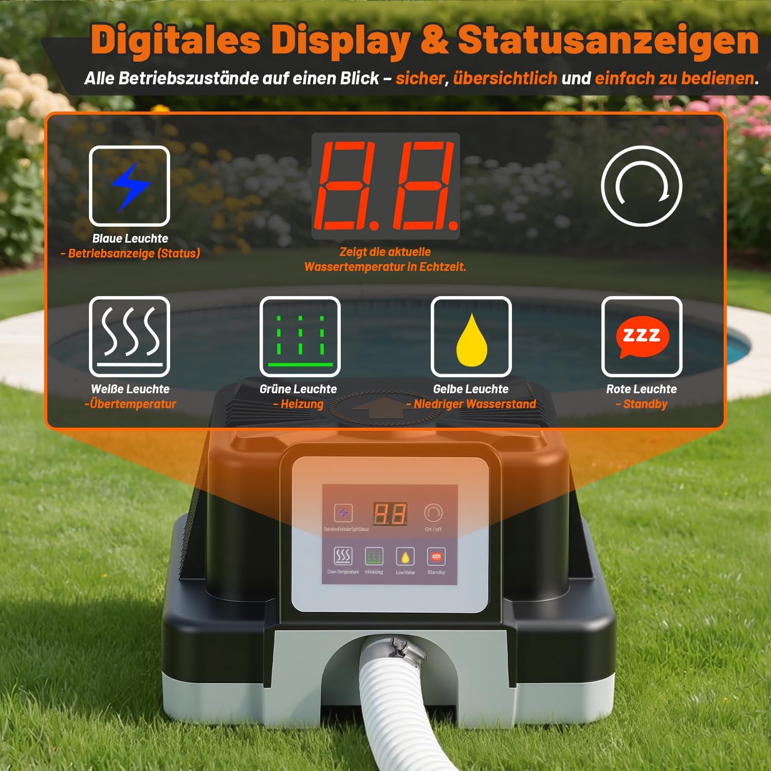 Detalle de Hebitod Riscaldatore per Piscina 3 kW: calore affidabile all’aperto (32–38 mm) con display