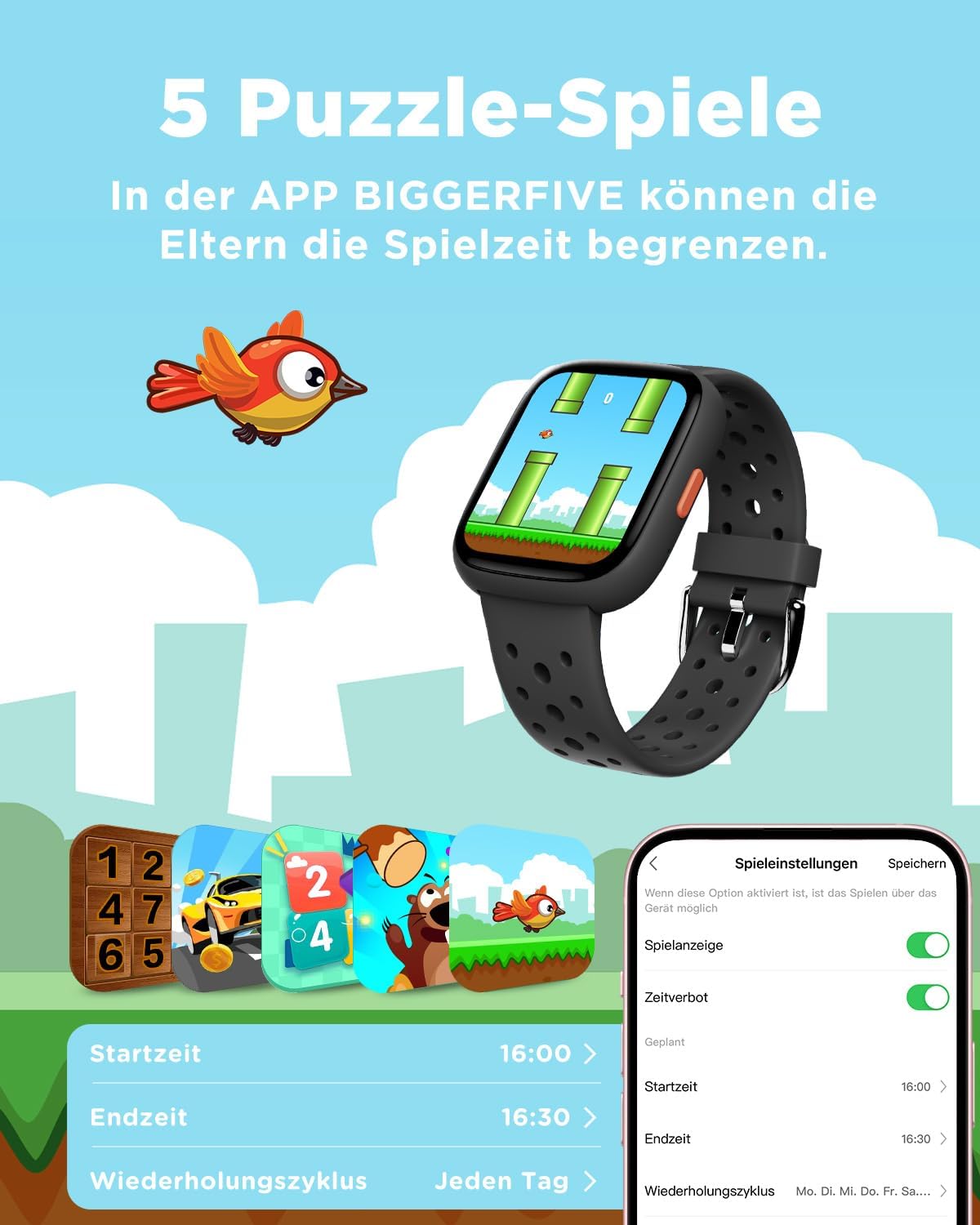 Detalle 2 de BIGGERFIVE Smartwatch Kinder BRAVE 2 (1,8" Fitnessuhr) mit 24/7 Puls, Schlafmonitor & IP68