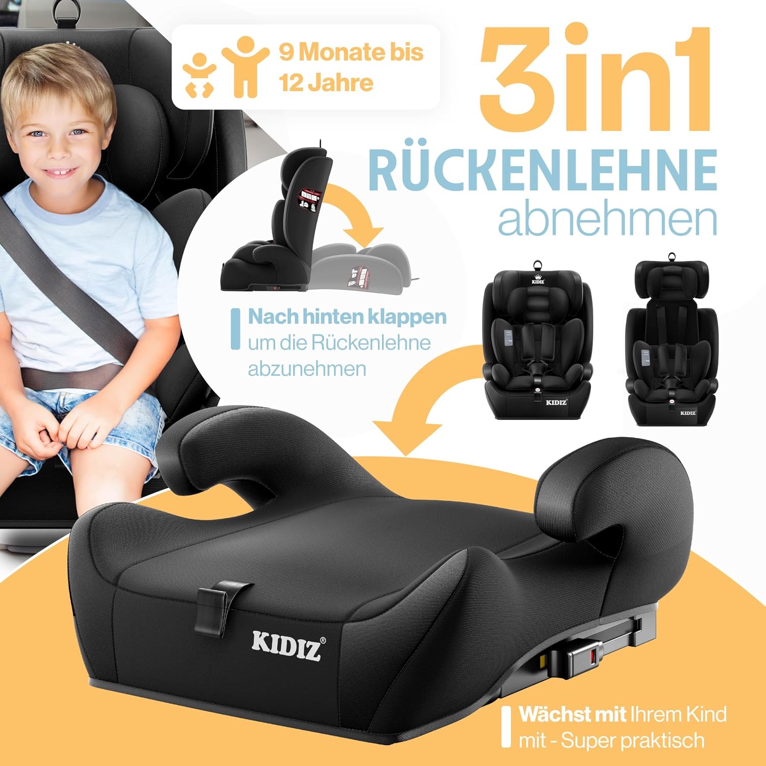 Thumbnail 2 de KIDIZ® Autokindersitz mit ISOFIX i-Size R129, 100–150 cm (bis 12 Jahre), 5-Punkt-Gurt & höhenverstellbarer Kopfstütze – Schwarz