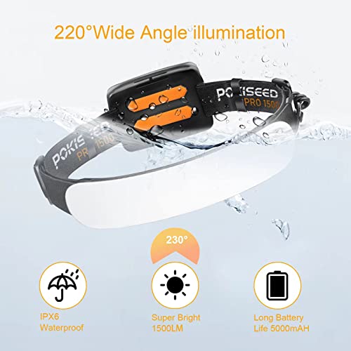 Detalle de POKISEED Linterna Frontal LED Recargable 1500 Lúmenes | Cabeza USB-C 5000 mAh, 230° de haz ancho