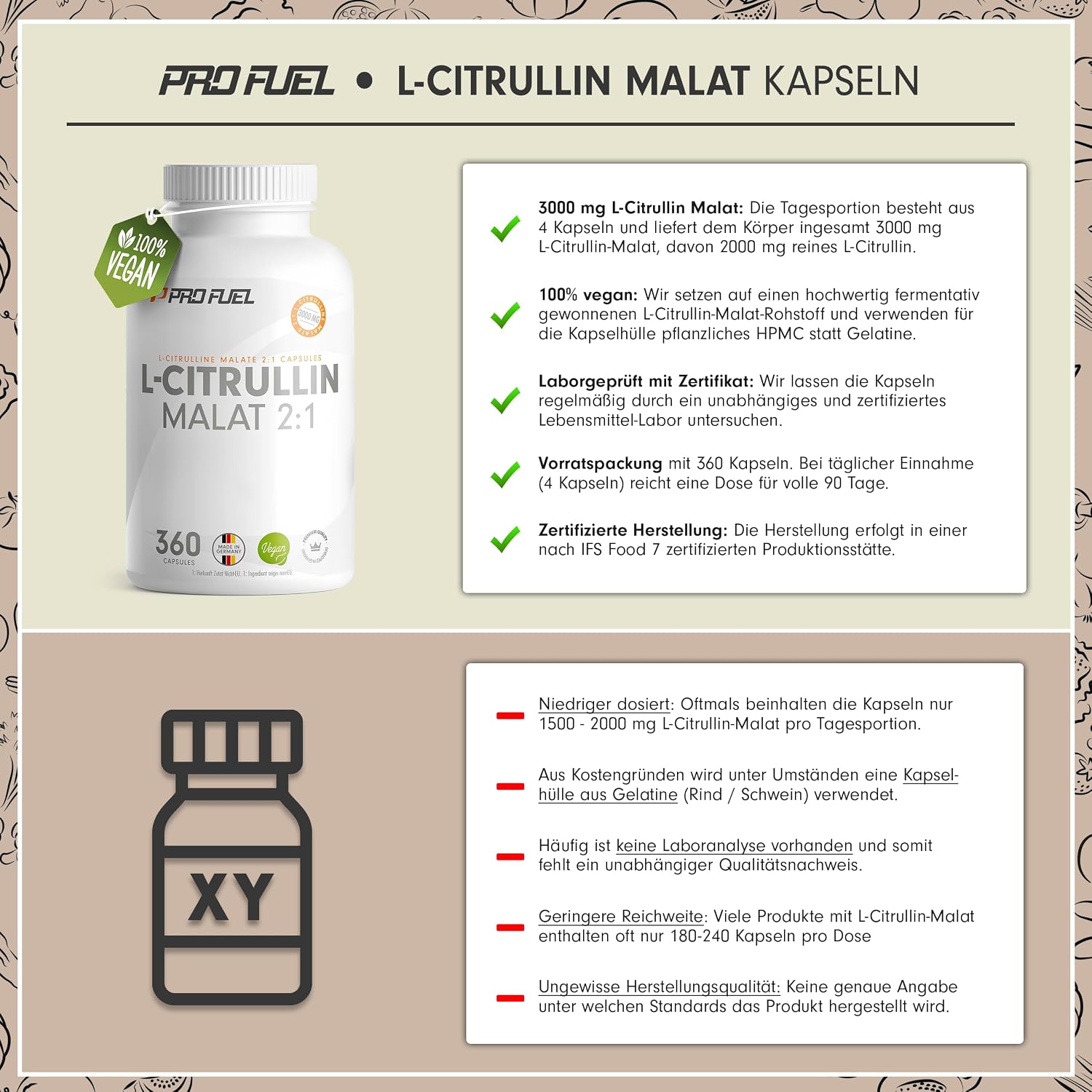Detalle de L-Citrullin-Malat Kapseln 360x – 3000 mg täglich, vegan & laborkontrolliert