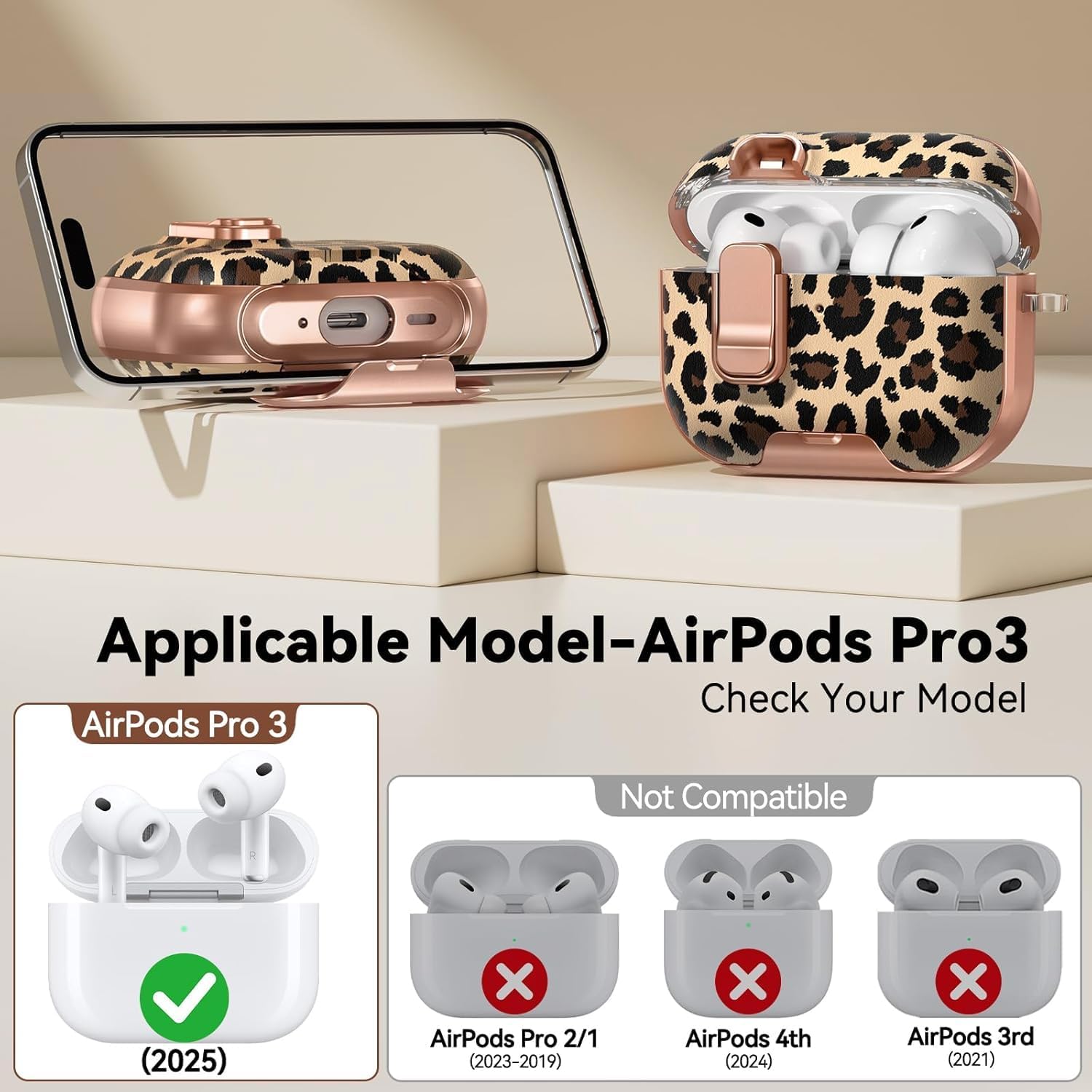 Thumbnail 1 de Polislime AirPods Pro 3 Case (2025) with Safety Lock, Phone Stand & Leopard Print