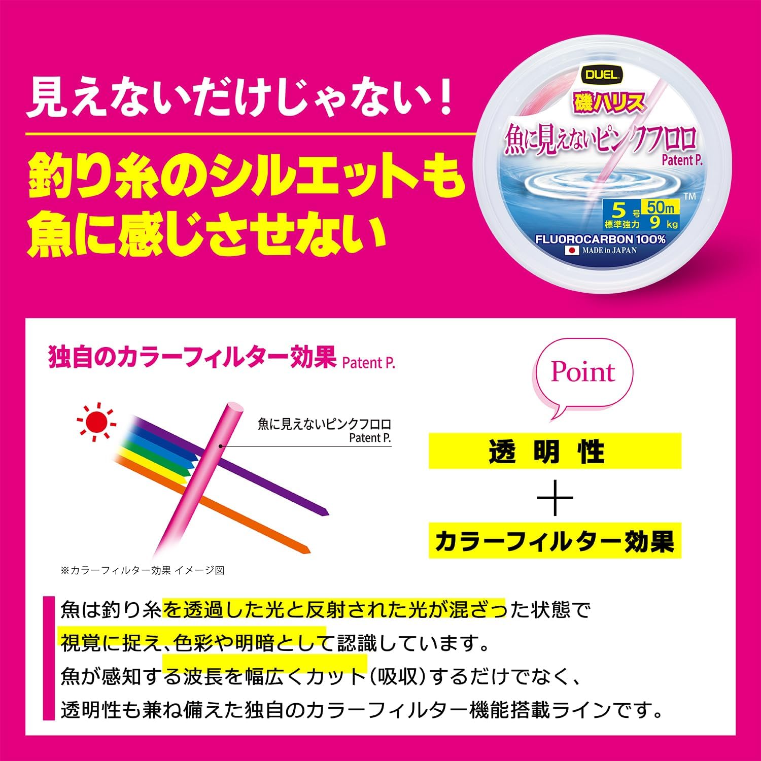 Detalle 2 de DUEL 魚に見えないピンクフロロ 磯ハリス 50m ステルスピンク・ジャストストッパー