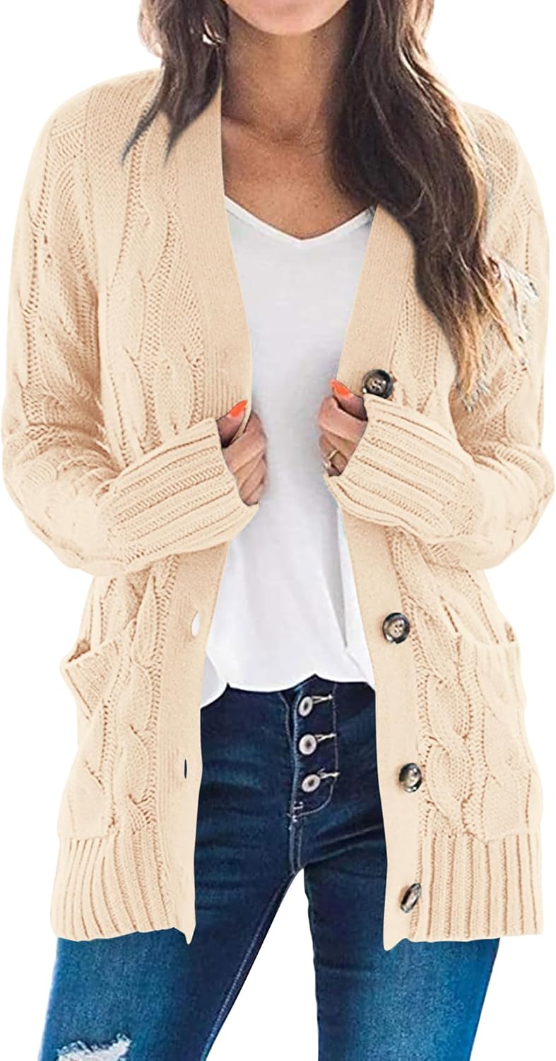 Detalle de PRETTYGARDEN Women's Chunky Cable-Knit Cardigan with Buttons and Pockets