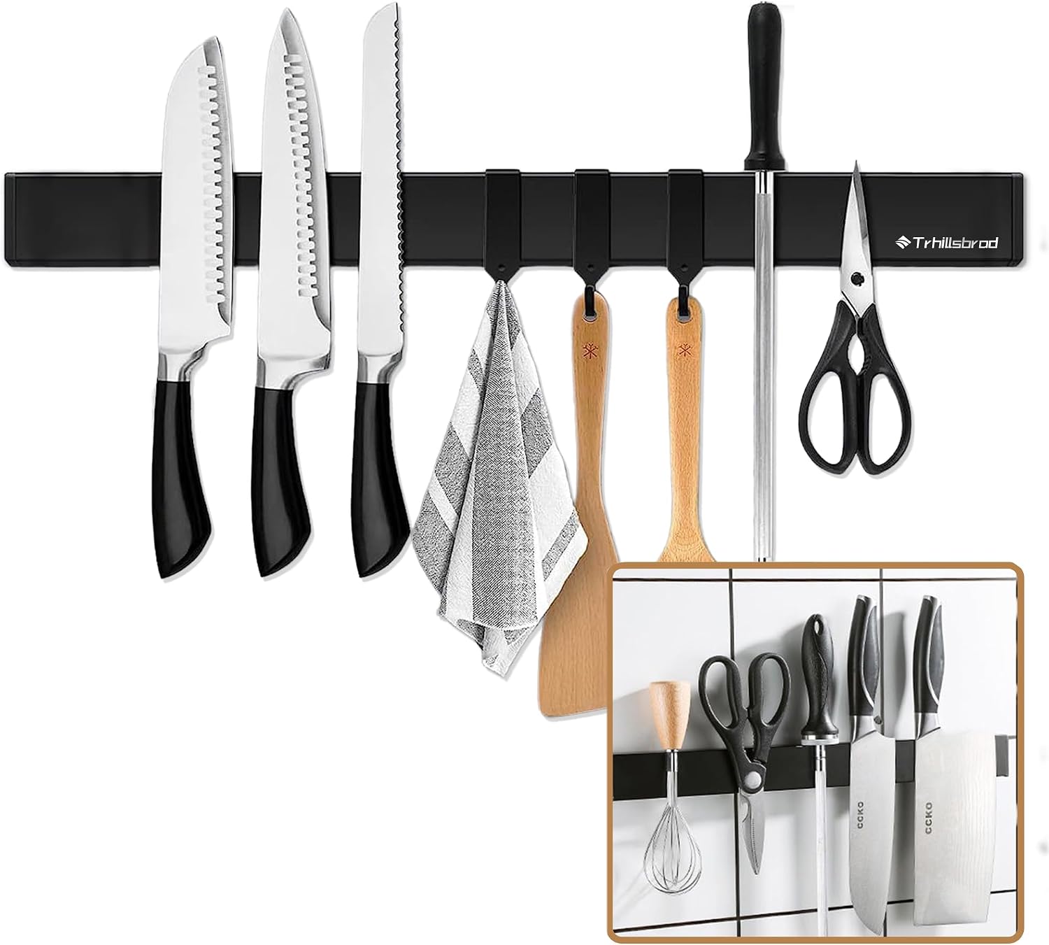 Detalle de trhillsbrad magnetische messenhouder 50 cm, zwart, met 3 haken