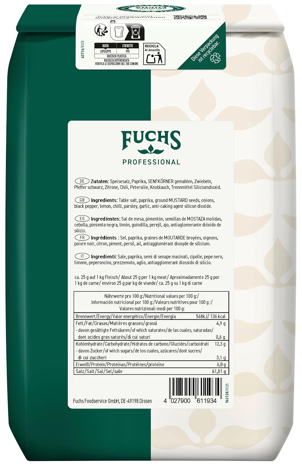 Detalle 2 de Fuchs Professional Kotelett und Schnitzel Gewürzsalz 1,5 kg 🍖