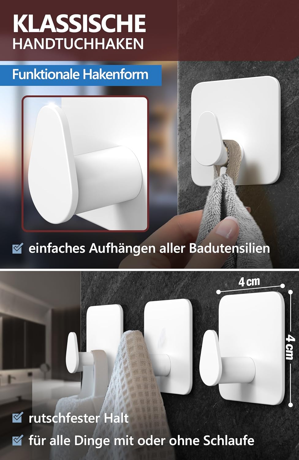 Detalle de 4smile Handtuchhalter ohne Bohren – 6er-Set, weiß, Edelstahl-V2A