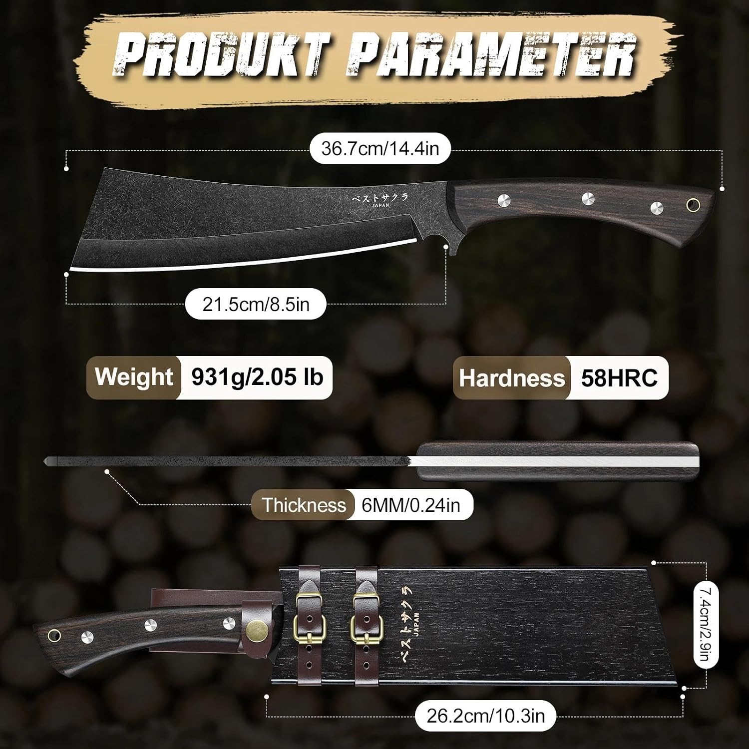 Detalle de Freelander Machete Survival – Full Tang, 6 mm Klingensteg, Holzscheide, 4Cr13 Stahl