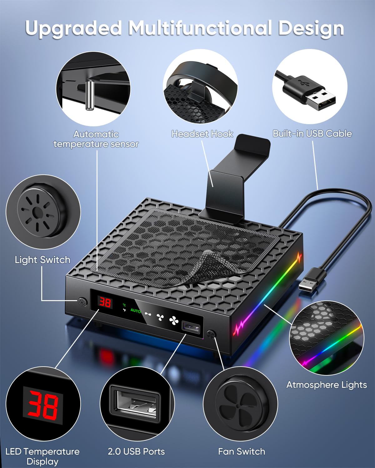 Thumbnail 5 de [LED Display] Auto Cooling Fan for Xbox Series X with 9 RGB Lights—Adjustable Temperature Cooling, USB Hub & Headset Hook